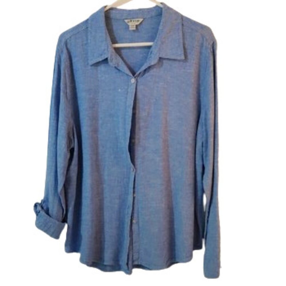 Orvis Women's Blue Performance Linen Blend Button Down Shirt  Relaxed Fit - XL